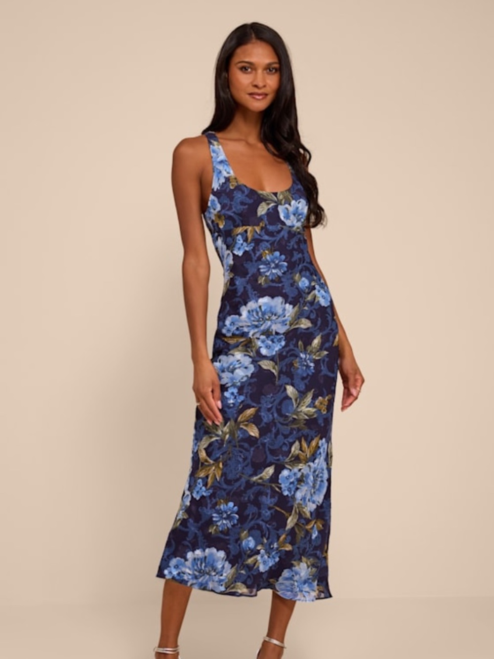 Lulus Lilia Dark Blue Floral Scoop Neck Midi Dress - Size S